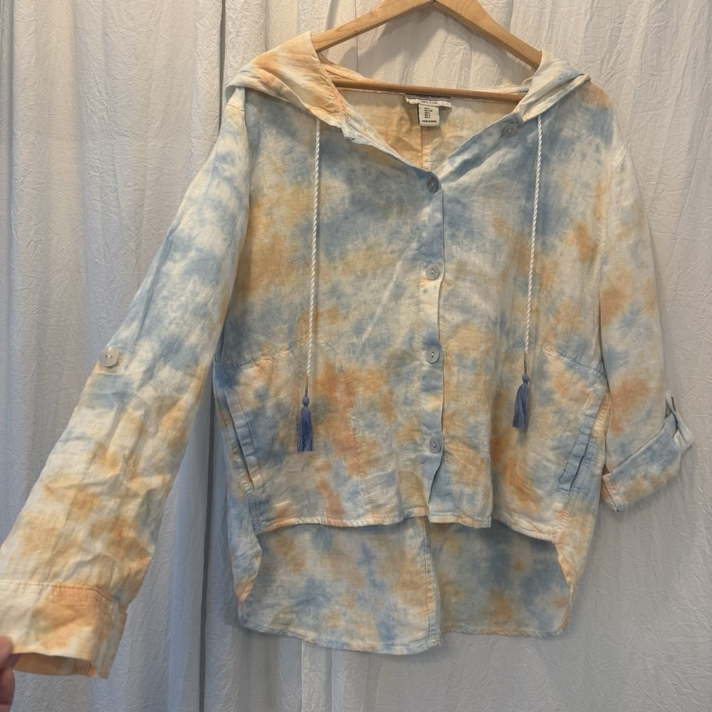 Rachel Zoe Linen Hooded Shirt Shacket Size Large Coastal Cruise Beach Cover Up
